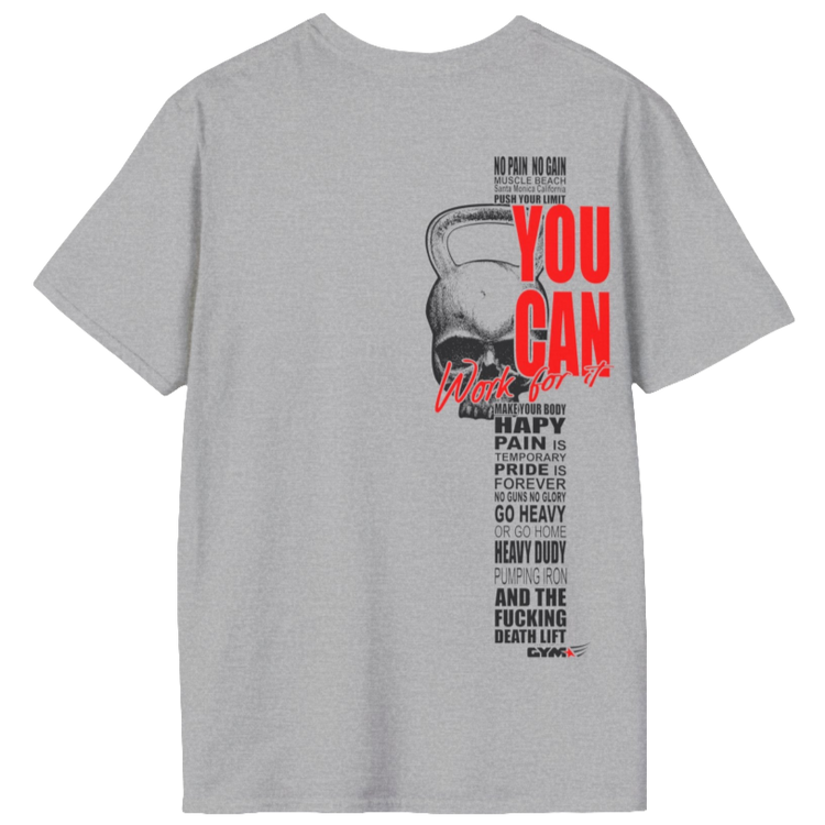 A silver grey athletic t-shirt Gymstar with an attractive gym and workout print. The design features a skull shaped as a kettlebell and bold red lettering that reads "YOU CAN" and "Work for it." It also includes motivational phrases such as "NO PAIN NO GAIN," "GO HEAVY," "HEAVY DUTY," and "DEATH LIFT," making it an ideal choice for anyone involved in heavy lifting and strength training.