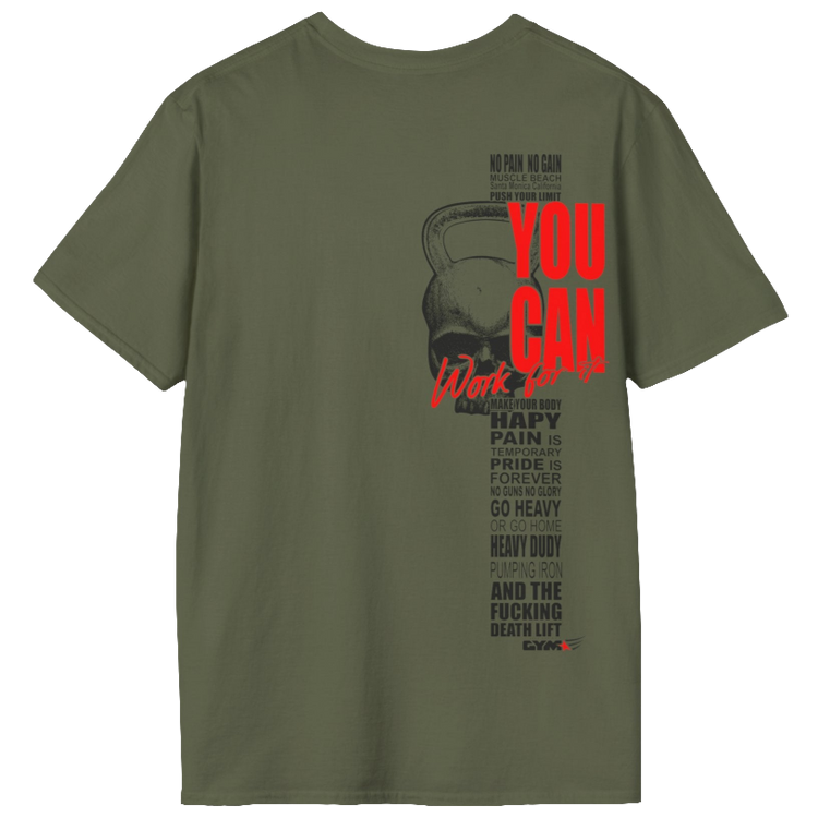 Military green athletic t-shirt Gymstar with an attractive gym and workout print. The design features a skull shaped as a kettlebell and bold red lettering that reads "YOU CAN" and "Work for it." It also includes motivational phrases such as "NO PAIN NO GAIN," "GO HEAVY," "HEAVY DUTY," and "DEATH LIFT," making it an ideal choice for anyone involved in heavy lifting and strength training.