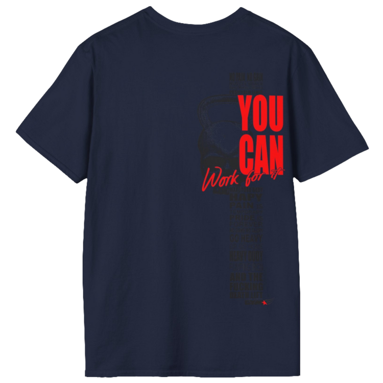 A dark navy t-shirt Gymstar with an attractive gym and workout print. The design features a skull shaped as a kettlebell and bold red lettering that reads "YOU CAN" and "Work for it." It also includes motivational phrases such as "NO PAIN NO GAIN," "GO HEAVY," "HEAVY DUTY," and "DEATH LIFT," making it an ideal choice for anyone involved in heavy lifting and strength training.