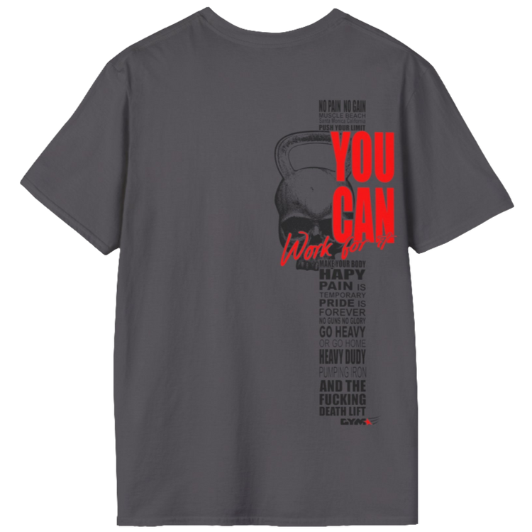 A sports grey athletic t-shirt Gymstar with an attractive gym and workout print. The design features a skull shaped as a kettlebell and bold red lettering that reads "YOU CAN" and "Work for it." It also includes motivational phrases such as "NO PAIN NO GAIN," "GO HEAVY," "HEAVY DUTY," and "DEATH LIFT," making it an ideal choice for anyone involved in heavy lifting and strength training.