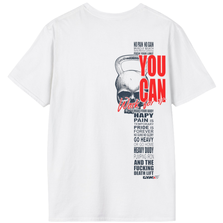 White athletic t-shirt Gymstar with an attractive gym and workout print. The design features a skull shaped as a kettlebell and bold red lettering that reads "YOU CAN" and "Work for it." It also includes motivational phrases such as "NO PAIN NO GAIN," "GO HEAVY," "HEAVY DUTY," and "DEATH LIFT," making it an ideal choice for anyone involved in heavy lifting and strength training.