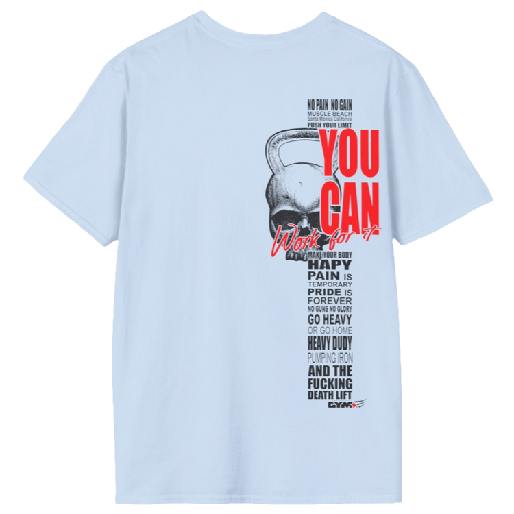 A light blue athletic t-shirt Gymstar with an attractive gym and workout print. The design features a skull shaped as a kettlebell and bold red lettering that reads "YOU CAN" and "Work for it." It also includes motivational phrases such as "NO PAIN NO GAIN," "GO HEAVY," "HEAVY DUTY," and "DEATH LIFT," making it an ideal choice for anyone involved in heavy lifting and strength training.