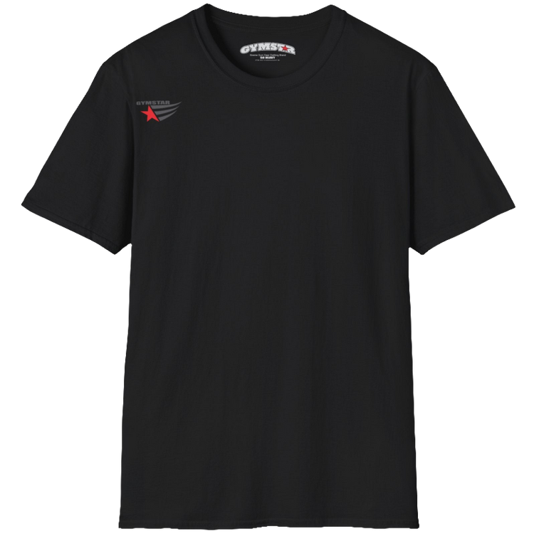 A classic, minimalist black t-shirt from Gymstar with a subtle and stylish design. The small logo featuring a red star with wings is positioned high on the left side of the chest. This t-shirt is suitable for athletic activities and creates a strong, understated look.