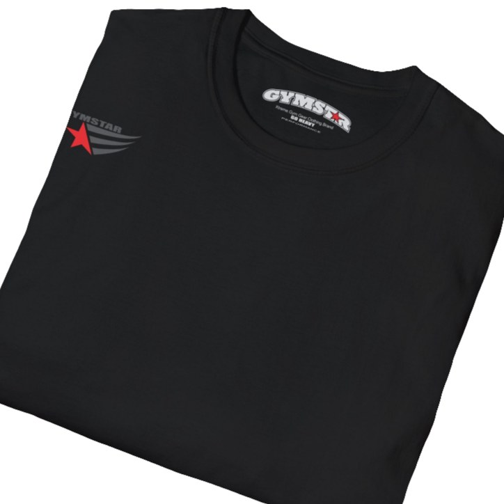A men's black short-sleeved t-shirt Gymstar designed for fitness. It features a small logo on the left chest, which consists of a red star and three black stripes. Close up view.