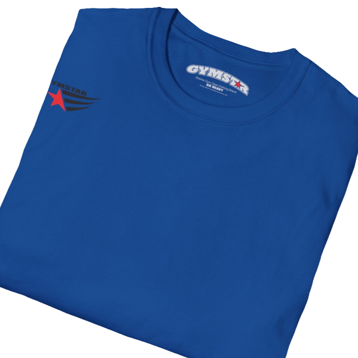 A men's blue short-sleeved t-shirt Gymstar designed for fitness. It features a small logo on the left chest, which consists of a red star and three black stripes. Close up view.