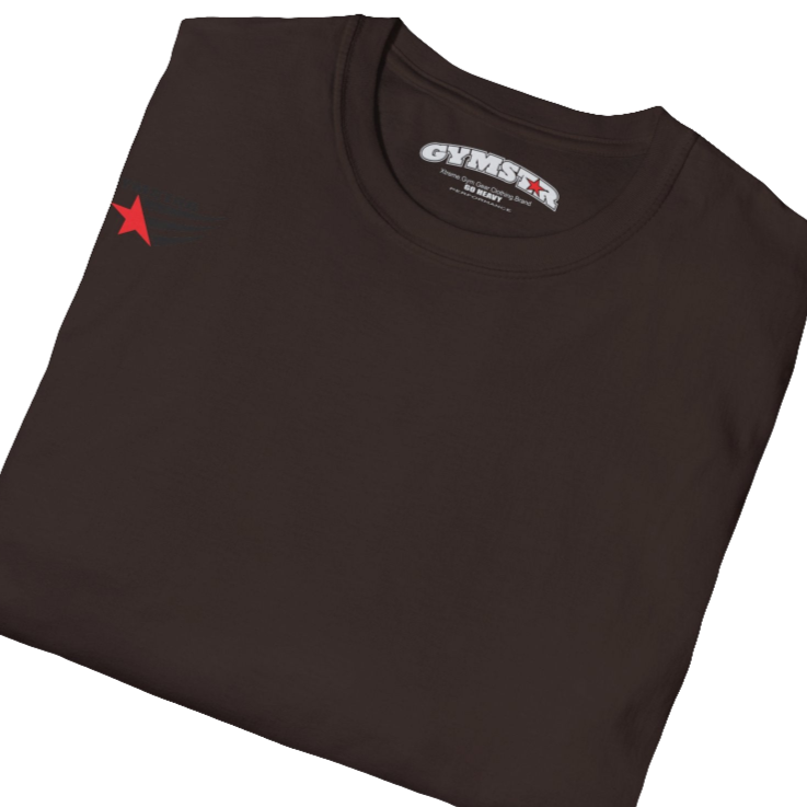 A men's brown short-sleeved t-shirt Gymstar designed for fitness. It features a small logo on the left chest, which consists of a red star and three black stripes. Close up view.
