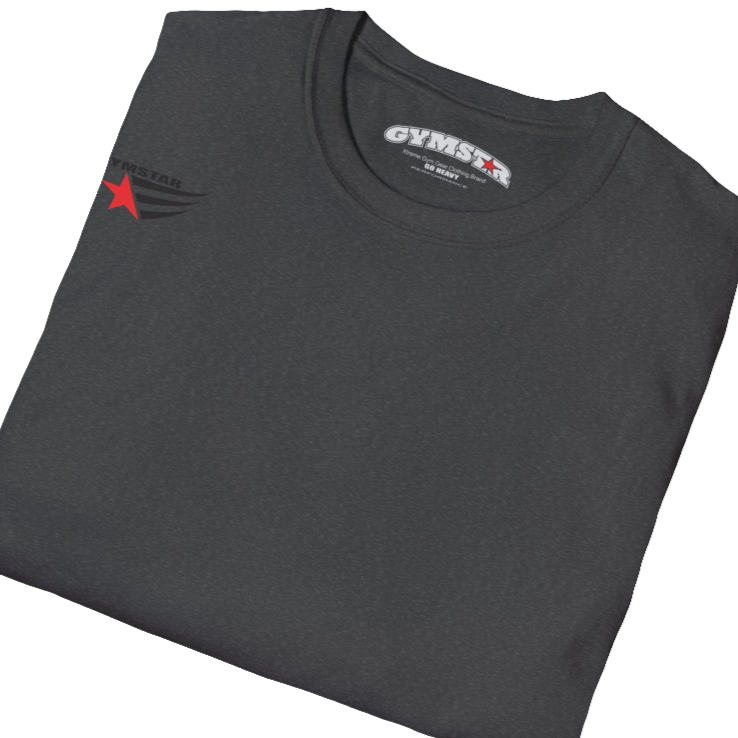 A men's sport grey short-sleeved t-shirt Gymstar designed for fitness. It features a small logo on the right chest, which consists of a red star and three black stripes. Close up view.