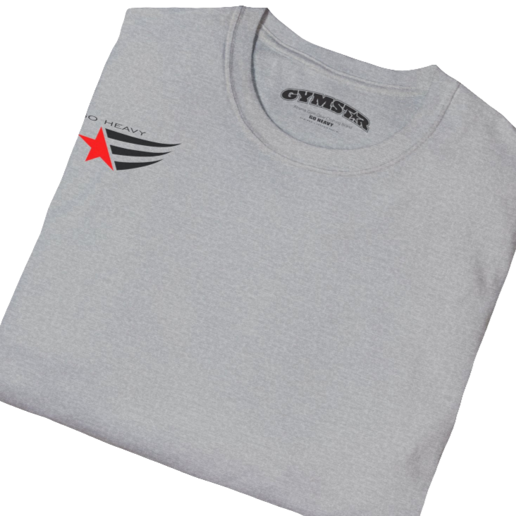 A men's silver grey short-sleeved t-shirt Gymstar designed for fitness. It features a small logo on the left chest, which consists of a red star and three black stripes. Close up view.