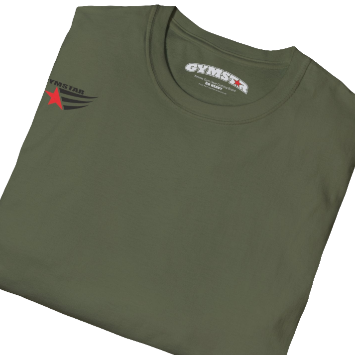 A men's military grey short-sleeved t-shirt Gymstar designed for fitness. It features a small logo on the left chest, which consists of a red star and three black stripes. Close up view.