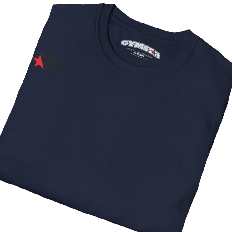 A men'snavy blue short-sleeved t-shirt Gymstar designed for fitness. It features a small logo on the left chest, which consists of a red star and three black stripes. Close up view.