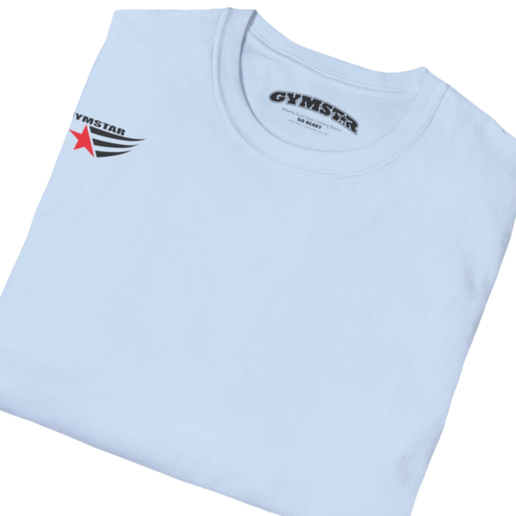 A men's light blue short-sleeved t-shirt Gymstar designed for fitness. It features a small logo on the left chest, which consists of a red star and three black stripes. Close up view.