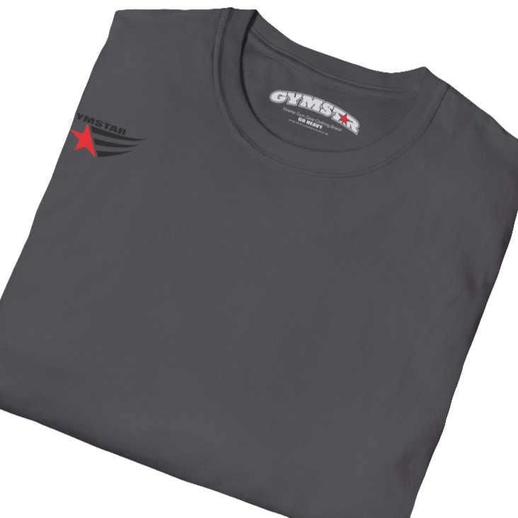 A men's sport grey short-sleeved t-shirt Gymstar designed for fitness. It features a small logo on the left chest, which consists of a red star and three black stripes. Close up view.
