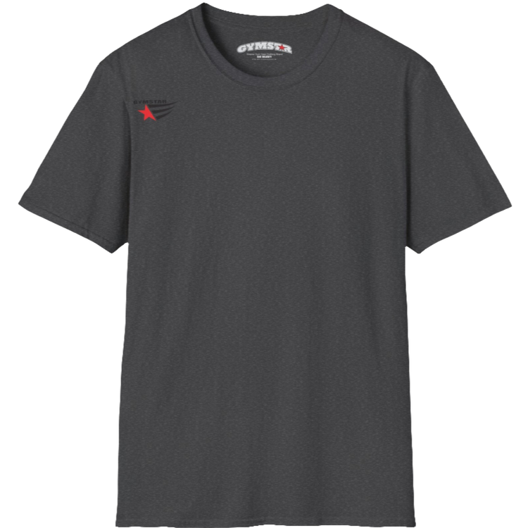 A classic, minimalist dark grey t-shirt from Gymstar with a subtle and stylish design. The small logo featuring a red star with wings is positioned high on the left side of the chest. This t-shirt is suitable for athletic activities and creates a strong, understated look.