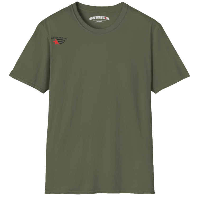 A classic, minimalist military green t-shirt from Gymstar with a subtle and stylish design. The small logo featuring a red star with wings is positioned high on the left side of the chest. This t-shirt is suitable for athletic activities and creates a strong, understated look.