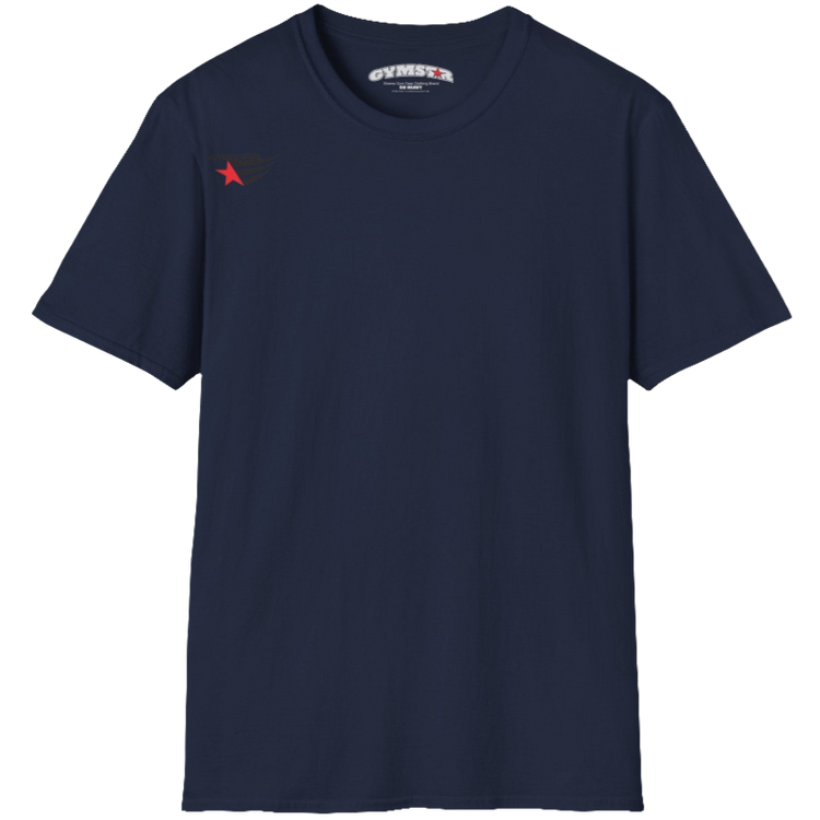 A classic, minimalist navy blue t-shirt from Gymstar with a subtle and stylish design. The small logo featuring a red star with wings is positioned high on the left side of the chest. This t-shirt is suitable for athletic activities and creates a strong, understated look.