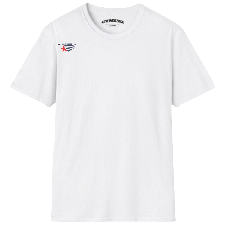 A classic, minimalist white t-shirt from Gymstar with a subtle and stylish design. The small logo featuring a red star with wings is positioned high on the left side of the chest. This t-shirt is suitable for athletic activities and creates a strong, understated look.