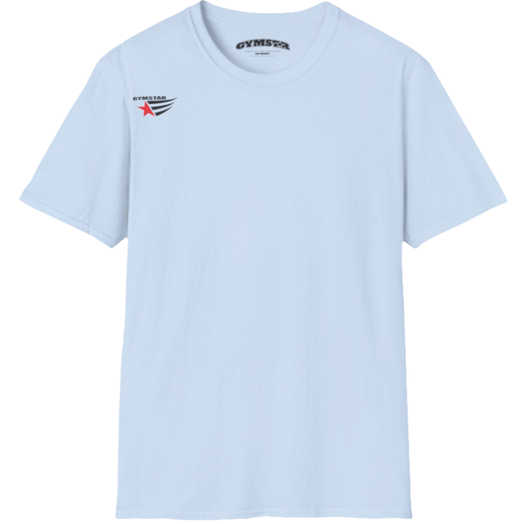 A classic, minimalist light blue t-shirt from Gymstar with a subtle and stylish design. The small logo featuring a red star with wings is positioned high on the left side of the chest. This t-shirt is suitable for athletic activities and creates a strong, understated look.
