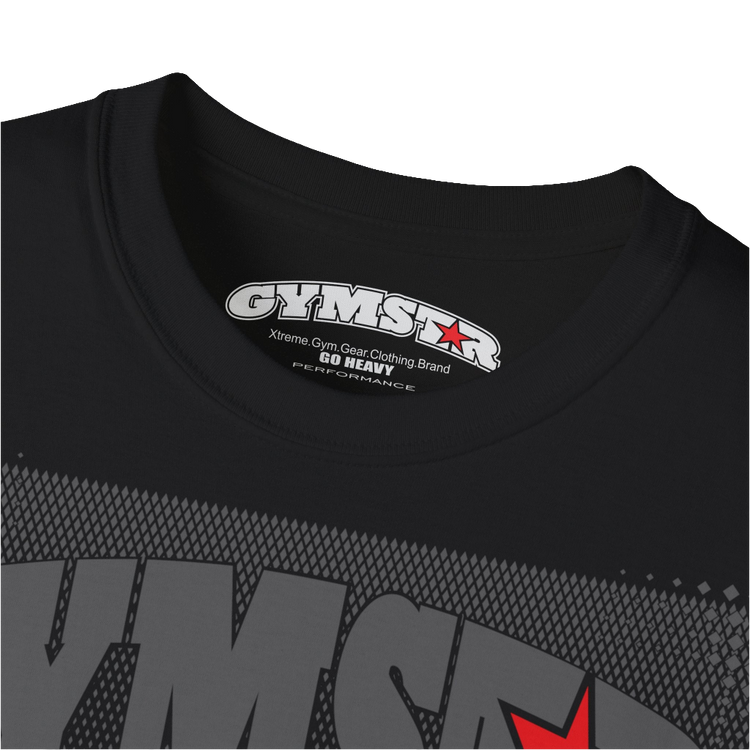A black Gymstar fitness t-shirt with the brand logo and a motivating design I feel Good. Close up view.