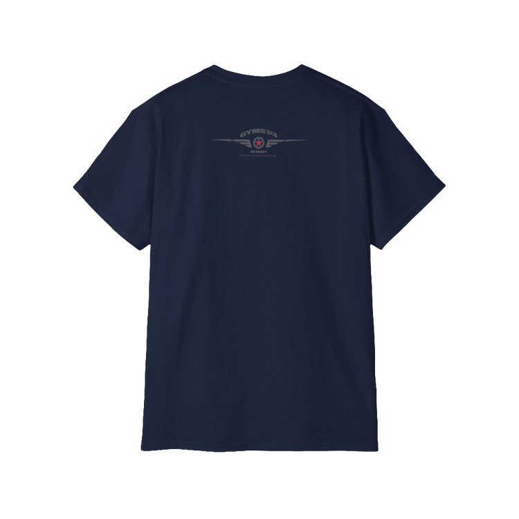 A navy blue Gymstar fitness t-shirt with the brand logo and a motivating design I feel Good. Rear view.