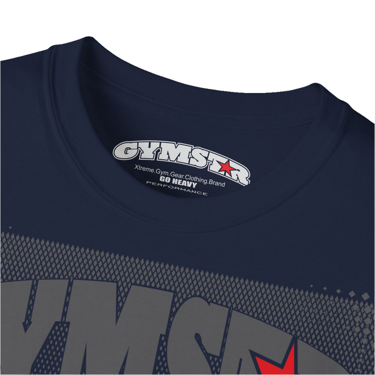 A navy blue Gymstar fitness t-shirt with the brand logo and a motivating design I feel Good. Close up view.