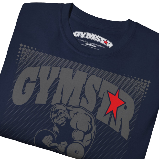 A navy blue Gymstar fitness t-shirt with the brand logo and a motivating design I feel Good. Close up front view.