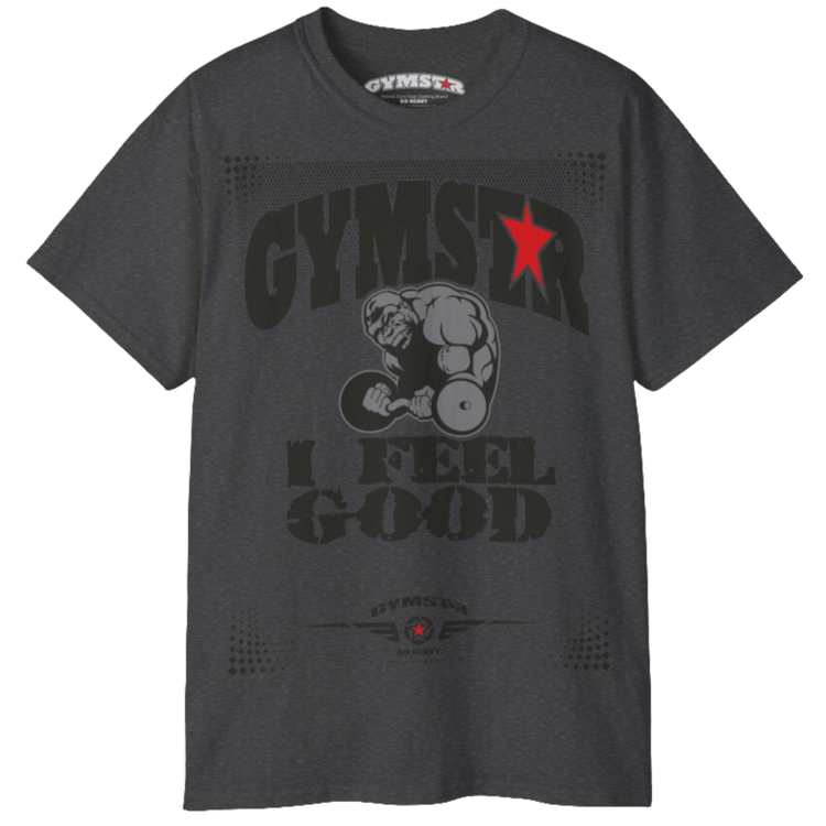 A dark grey Gymstar fitness t-shirt with the brand logo and a motivating design I feel Good. Front view.