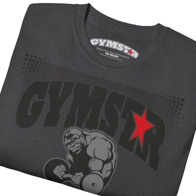 A  grey Gymstar fitness t-shirt with the brand logo and a motivating design I feel Good. Close up front view.