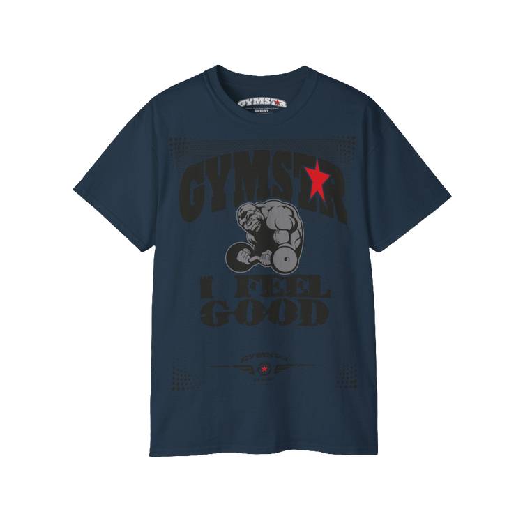 A dark navy blue Gymstar fitness t-shirt with the brand logo and a motivating design I feel Good. Front view.
