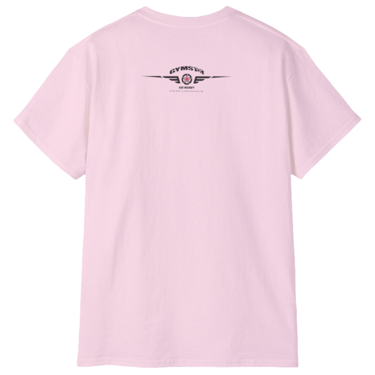 A pink Gymstar fitness t-shirt with the brand logo and a motivating design I feel Good. Rear view.