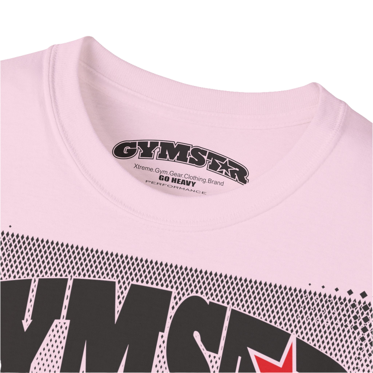 A pink Gymstar fitness t-shirt with the brand logo and a motivating design I feel Good. Close up view.