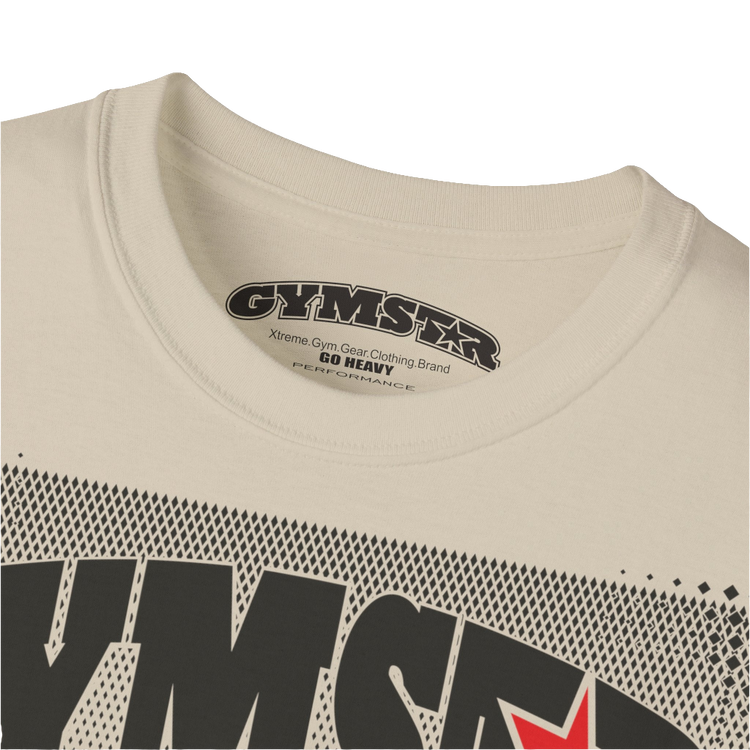 A beige Gymstar fitness t-shirt with the brand logo and a motivating design I feel Good. Close up view.