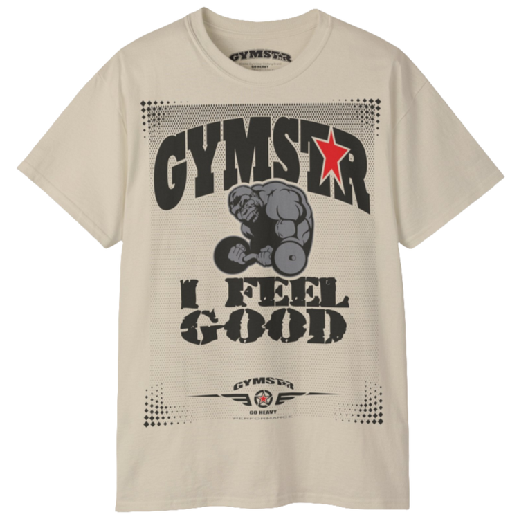 A beige Gymstar fitness t-shirt with the brand logo and a motivating design I feel Good. Front view.