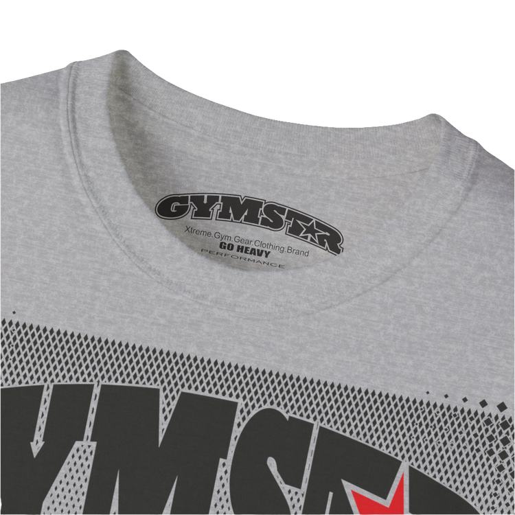 A grey Gymstar fitness t-shirt with the brand logo and a motivating design I feel Good. Close up view.