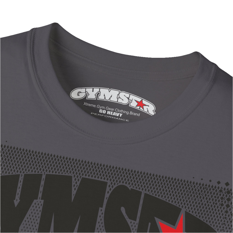 A sports grey Gymstar fitness t-shirt with the brand logo and a motivating design I feel Good. Close up view.