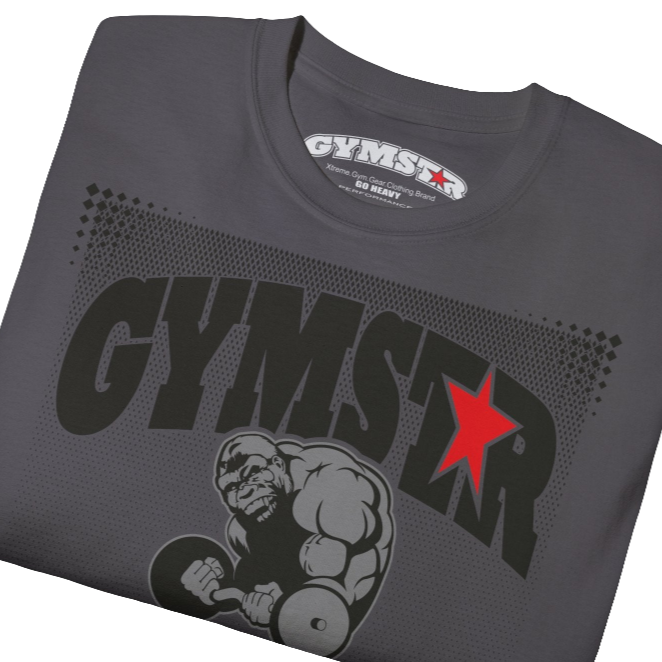 A sports grey Gymstar fitness t-shirt with the brand logo and a motivating design I feel Good. Close up front view.