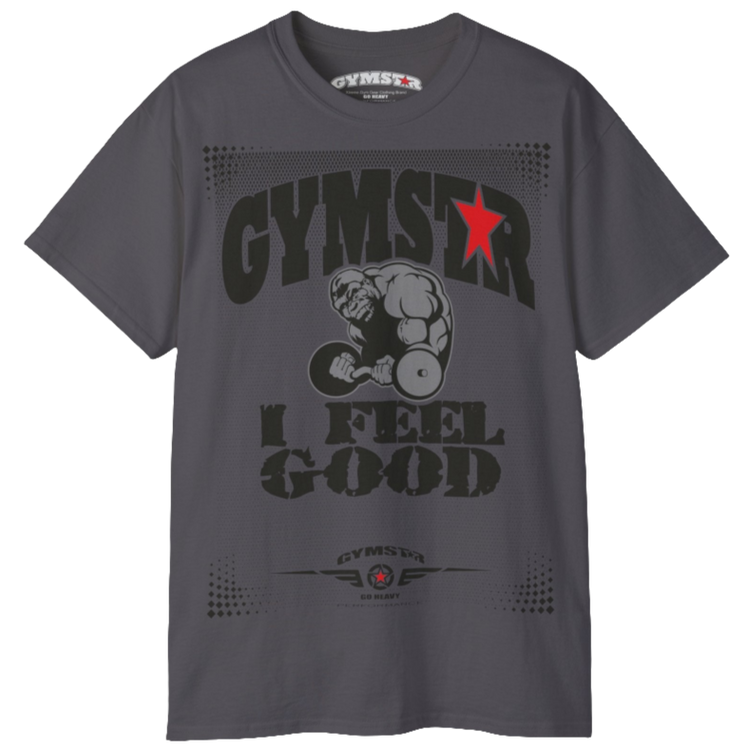 A sport grey Gymstar fitness t-shirt with the brand logo and a motivating design I feel Good. Front view.