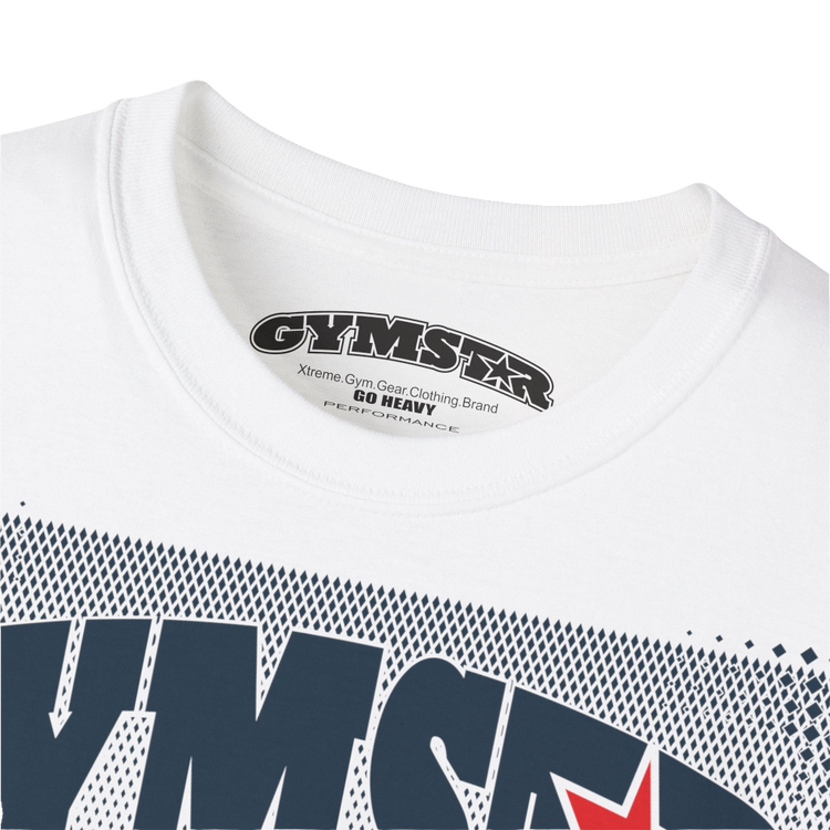 A white Gymstar fitness t-shirt with the brand logo and a motivating design I feel Good. Close up view.