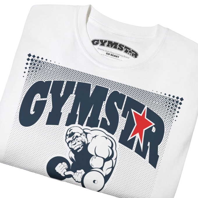 A white Gymstar fitness t-shirt with the brand logo and a motivating design I feel Good. Close up front view.