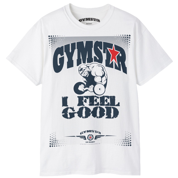 A white Gymstar fitness t-shirt with the brand logo and a motivating design I feel Good. Front view.