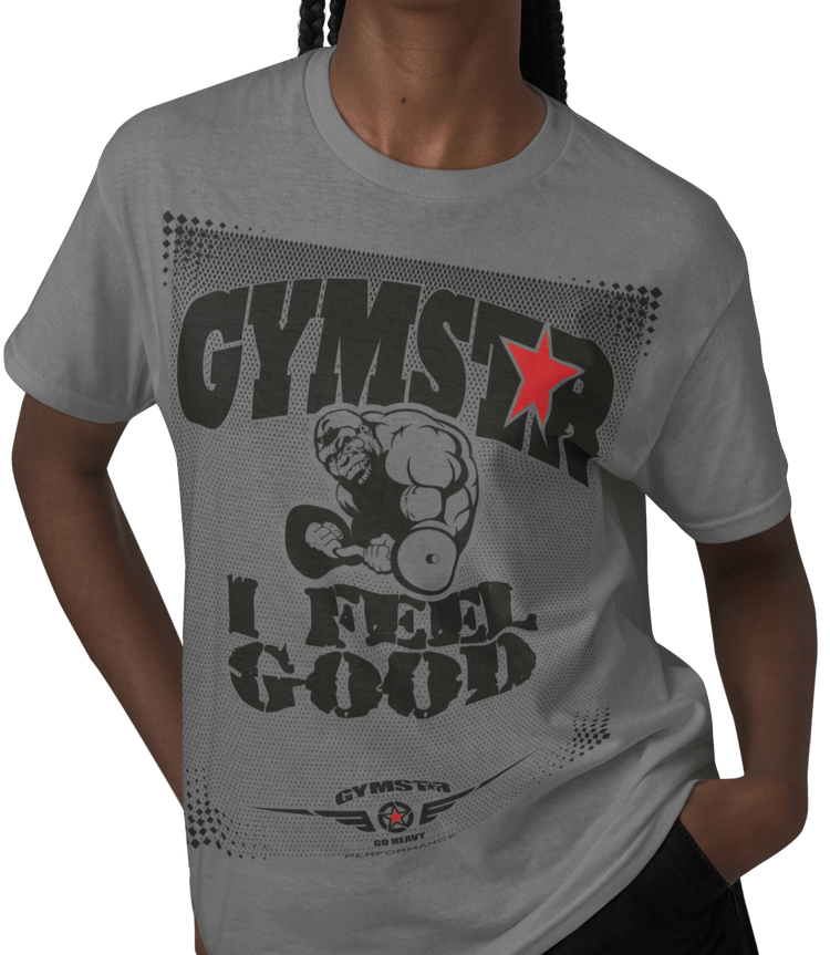 A woman wearing silver grey  Gymstar t-shirt with a graphic print that includes text I Feel Good, Gorila lifting barbel and a logo related to fitness and bodybuilding.