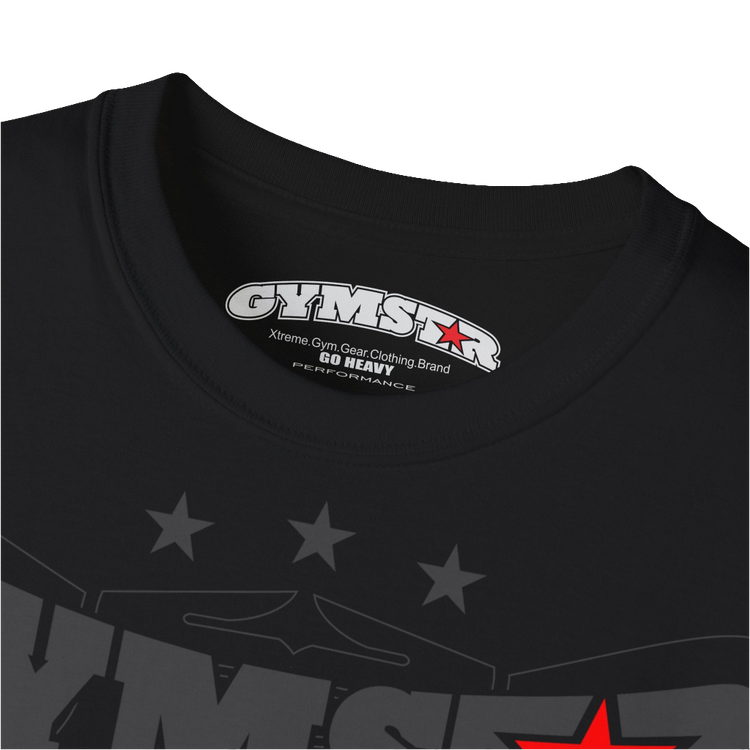 A black Gymstar t-shirt with the text 'I WANT YOU' printed on the front, along with graphics of a weightlifter and dumbbells. Close up view.