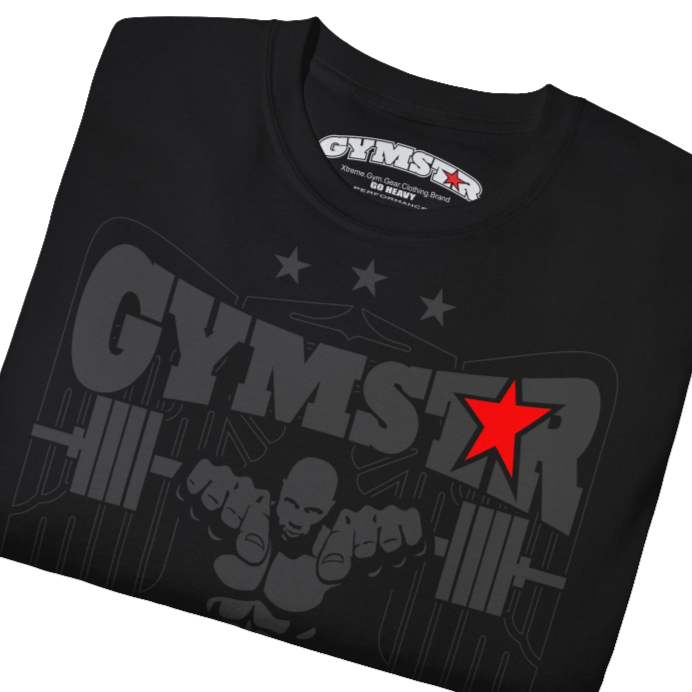 A black Gymstar t-shirt with the text 'I WANT YOU' printed on the front, along with graphics of a weightlifter and dumbbells. Close up front view.