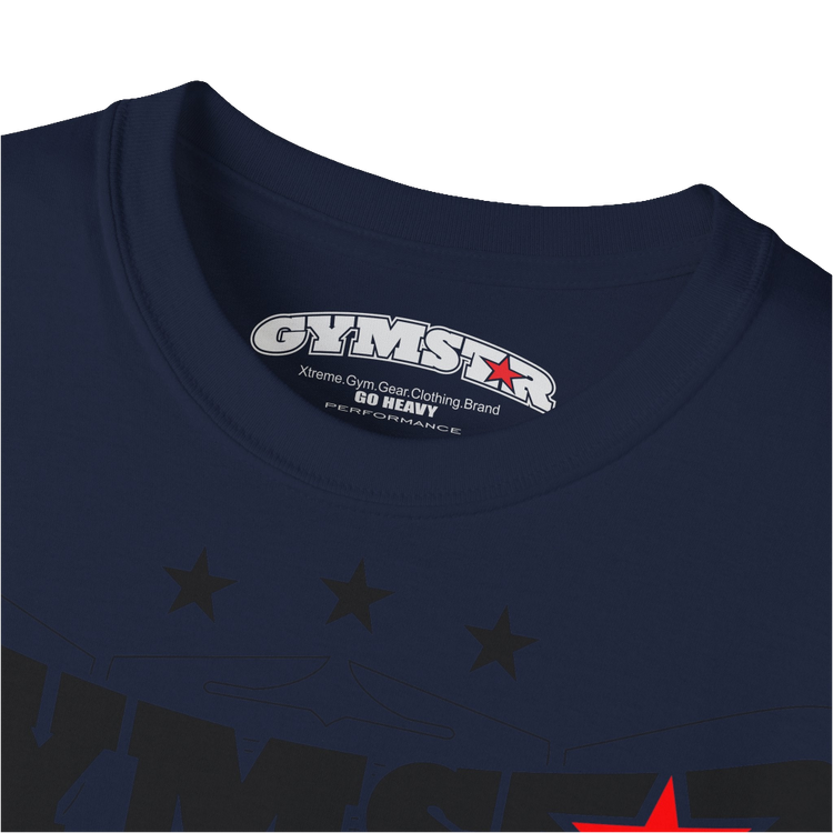 A navy blue Gymstar t-shirt with the text 'I WANT YOU' printed on the front, along with graphics of a weightlifter and dumbbells. Close up view.