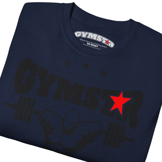A navy blue Gymstar t-shirt with the text 'I WANT YOU' printed on the front, along with graphics of a weightlifter and dumbbells. Close up front view.