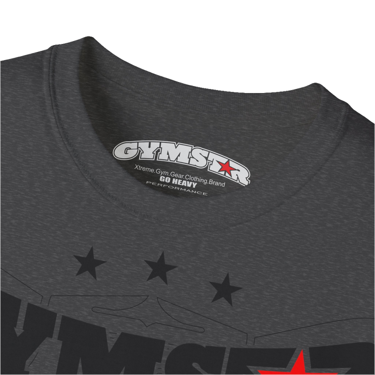 A sport grey Gymstar t-shirt with the text 'I WANT YOU' printed on the front, along with graphics of a weightlifter and dumbbells. Front close up view.