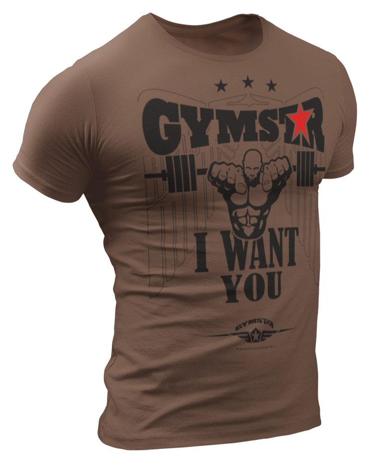 A capuchino  Gymstar t-shirt with a graphic print that includes text I WAnt You, weight lifting barbel and a logo related to fitness and bodybuilding.