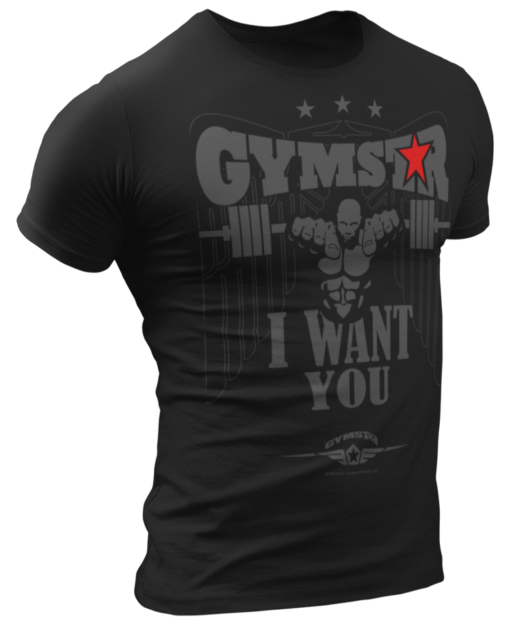 A black  Gymstar t-shirt with a graphic print that includes text I WAnt You, weight lifting barbel and a logo related to fitness and bodybuilding.