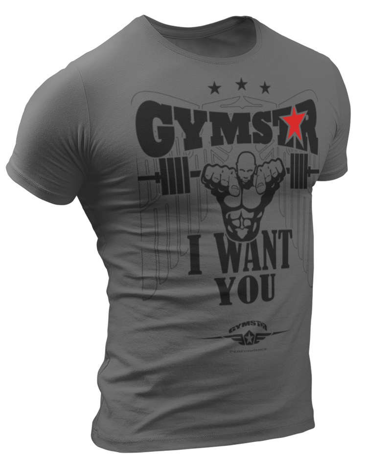 A sports grey  Gymstar t-shirt with a graphic print that includes text I WAnt You, weight lifting barbel and a logo related to fitness and bodybuilding.