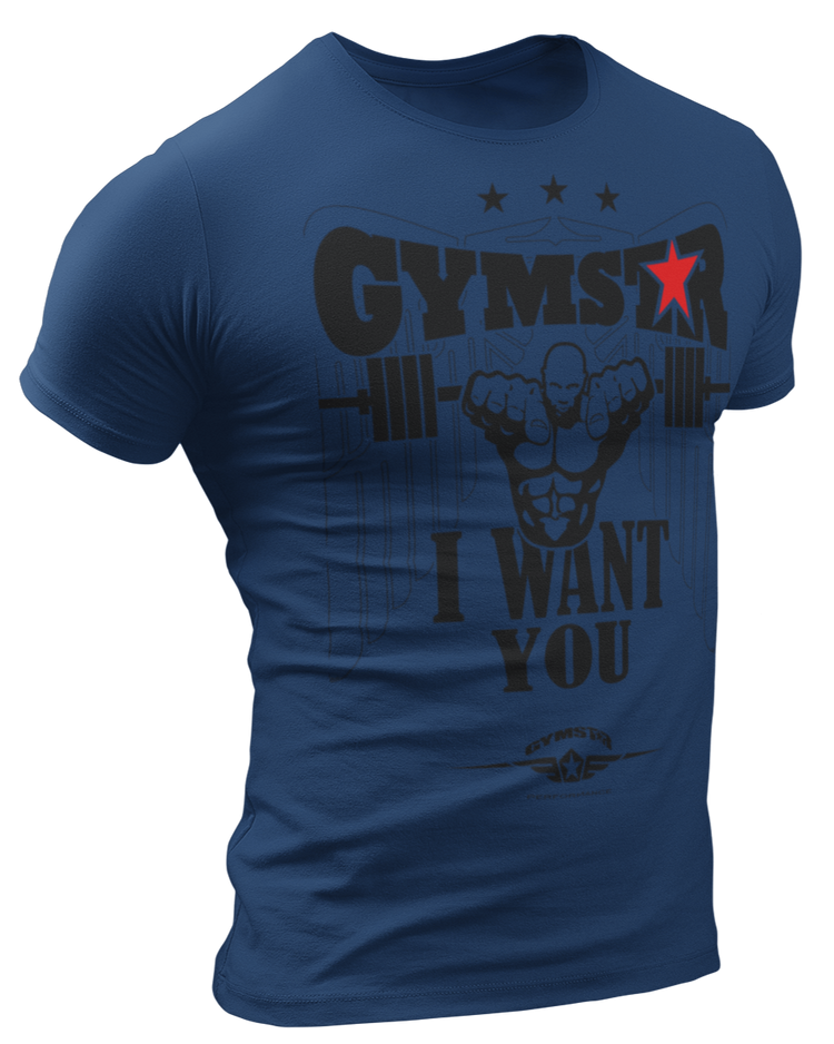 A navy blue  Gymstar t-shirt with a graphic print that includes text I WAnt You, weight lifting barbel and a logo related to fitness and bodybuilding.