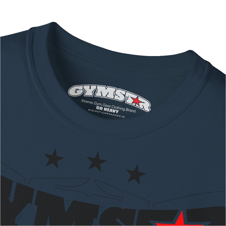 A deep navy Gymstar t-shirt with the text 'I WANT YOU' printed on the front, along with graphics of a weightlifter and dumbbells. Close up view.
